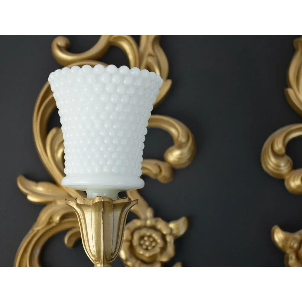 Syroco Vintage Hollywood Regency Gold Painted Candle Sconces with Milkglass Voti